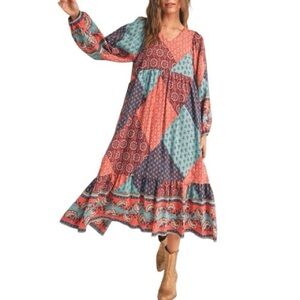 Boho Patchwork Maxi Dress - Coral & Teal